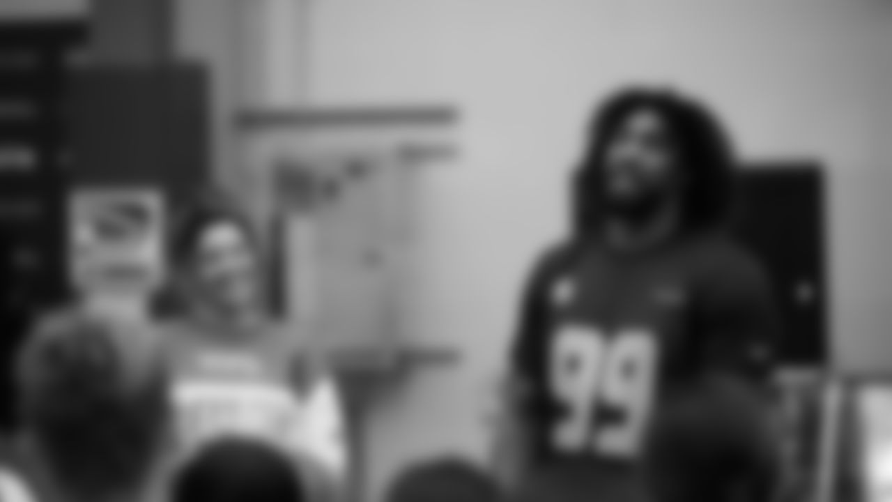 The Seahawks Women's Association packed girls flag kits and hosted a free girls flag football camp at the Seahawks training facility on Saturday, November 8, 2025.