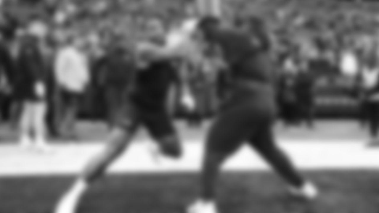 Seahawks defensive end Leonard Williams (99) warms up at Lumen Field for the NFC Championship game vs. the Los Angeles Rams on Sunday, January 25, 2026.