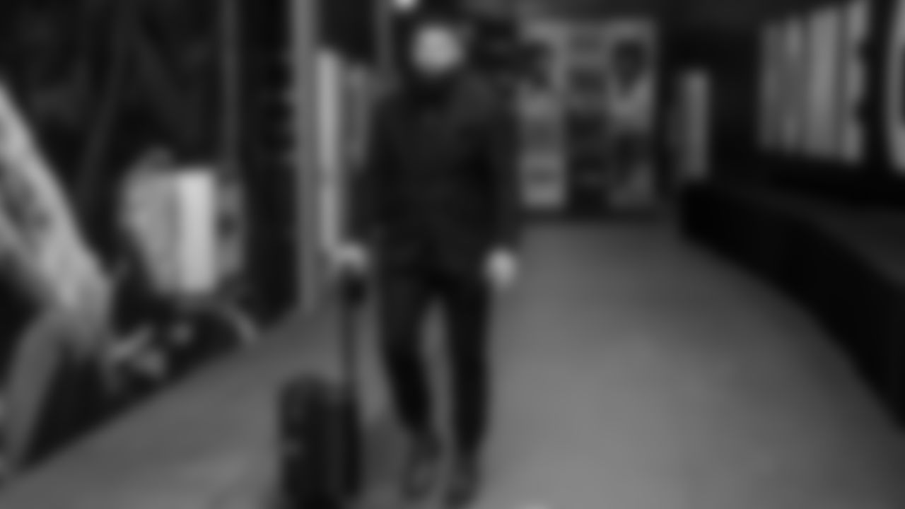 Seahawks tackle Abraham Lucas (72) arrived at Lumen Field for the Week 13 matchup vs. the Minnesota Vikings.