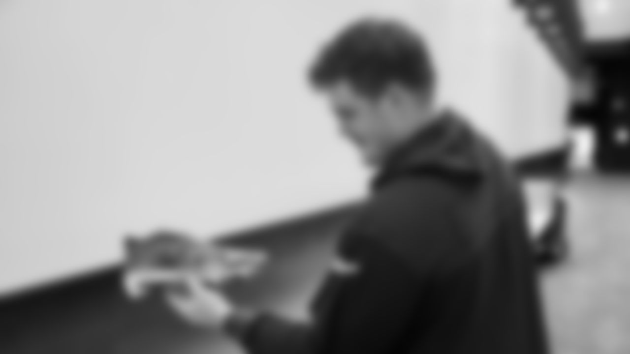 Seahawks guard Grey Zabel (76) unboxed his My Cause My Cleats at the Virginia Mason Athletic Center.