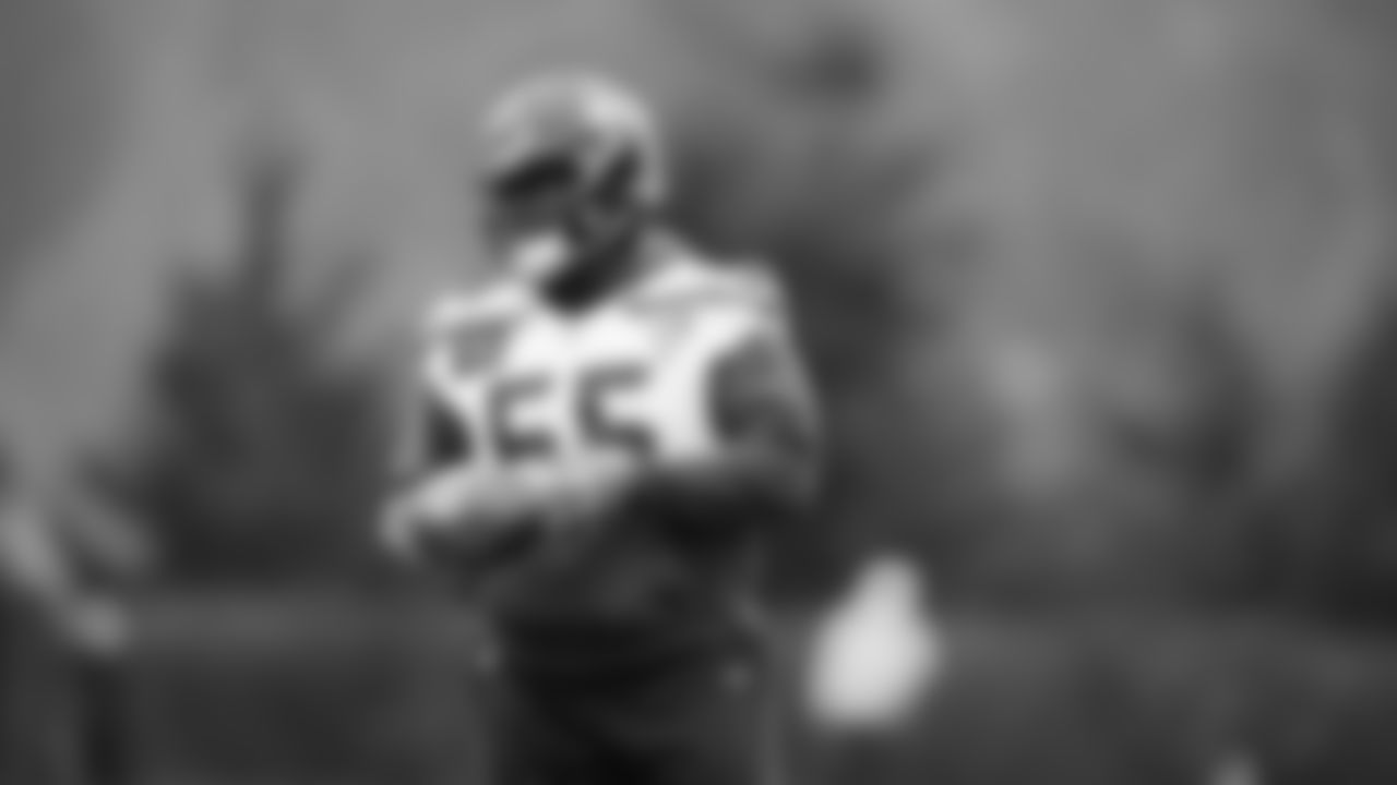 Seahawks center Olu Oluwatimi (55) practiced on Wednesday, January 1, 2026 at the Virginia Mason Athletic Center.