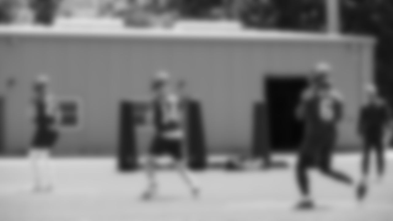 Seahawks quarterback Drew Lock (2), quarterback Sam Darnold (14) and quarterback Jalen Milroe (6) participated in a workout on day one of minicamp on Tuesday, June 10, 2025 at the Virginia Mason Athletic Center.
