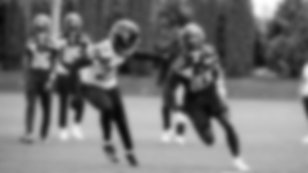 Seahawks cornerback Riq Woolen (27) and wide receiver Dareke Young (83) participated in a workout on day two of OTAs on Thursday, May 29, 2025 at the Virginia Mason Athletic Center.