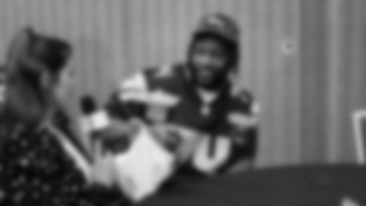 Seahawks tackle Josh Jones (74) at day two of press conference Media Availability on February 4, 2026.