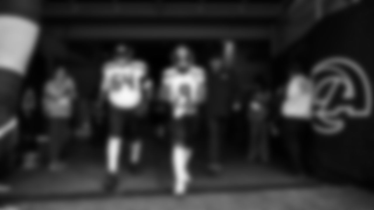 Seahawks running back Kenneth Walker III (9) and guard Christian Haynes (64) during pregame warmups at SoFi Stadium for the Week 11 matchup at the L.A. Rams.