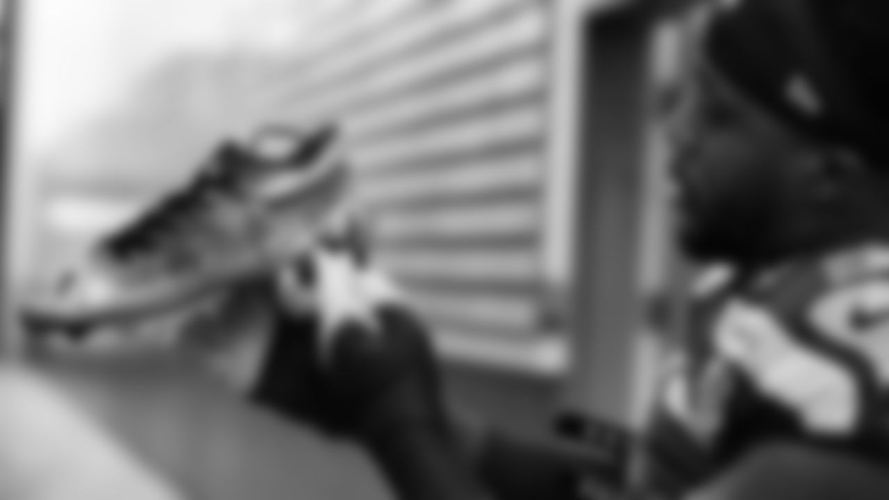 Seahawks linebacker Derick Hall (58) unboxed his My Cause My Cleats at the Virginia Mason Athletic Center.