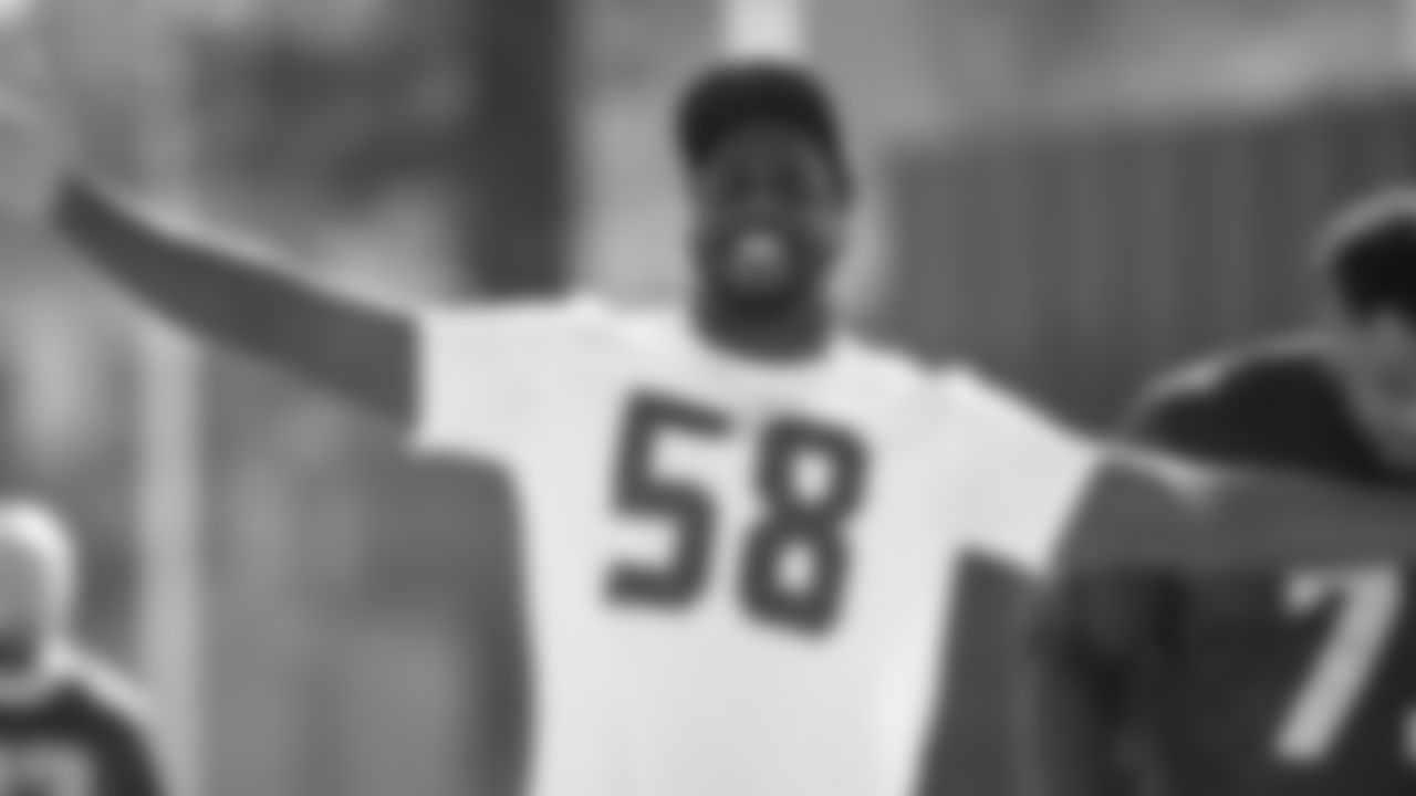 Seahawks linebacker Derick Hall (58) practiced on Wednesday, February 4, 2026 in San Jose, California.