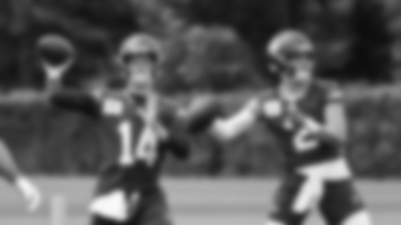 Seahawks quarterback Sam Darnold (14) and quarterback Drew Lock (2) participated in a workout on day five of OTAs on Wednesday, June 4, 2025 at the Virginia Mason Athletic Center.