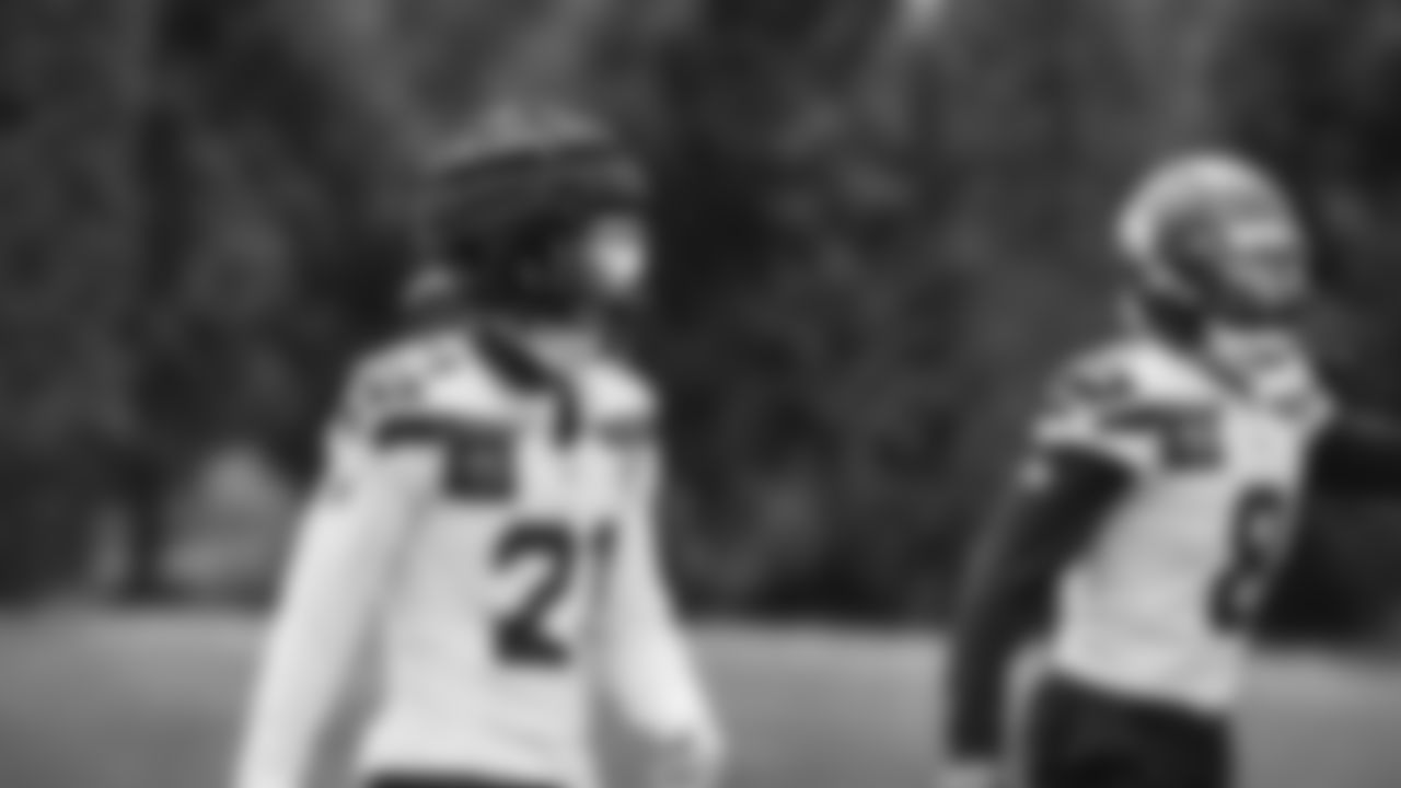 Seahawks cornerback Devon Witherspoon (21) and safety Coby Bryant (8) practiced on day three of training camp on July 25, 2025 at the Virginia Mason Athletic Center.