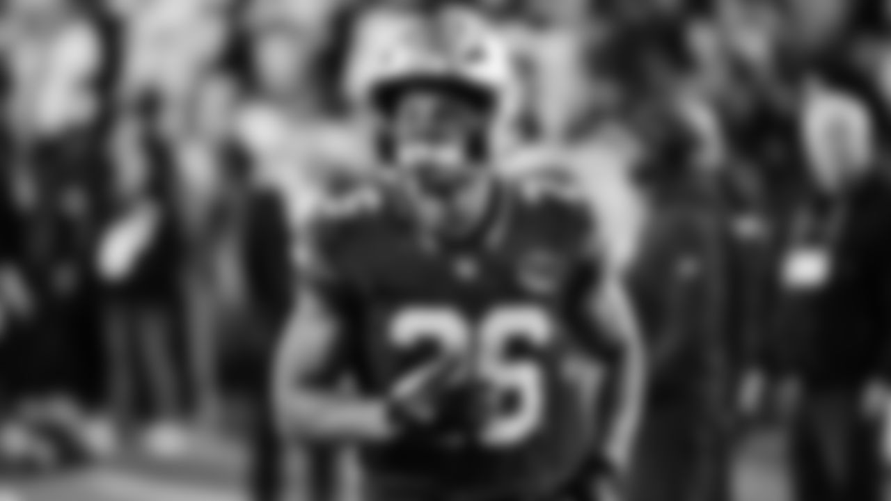 Seahawks running back Zach Charbonnet (26) warms up at Northwest Stadium for the Sunday Night Football matchup at the Washington Commanders in Week 9.