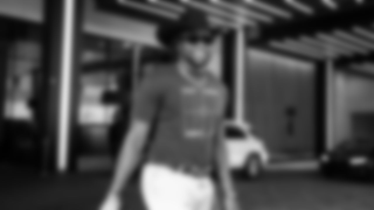 Seahawks linebacker Boye Mafe (53) departed the team hotel for the Week 12 matchup vs. the Titans at Nissan Stadium in Nashville, Tennessee.