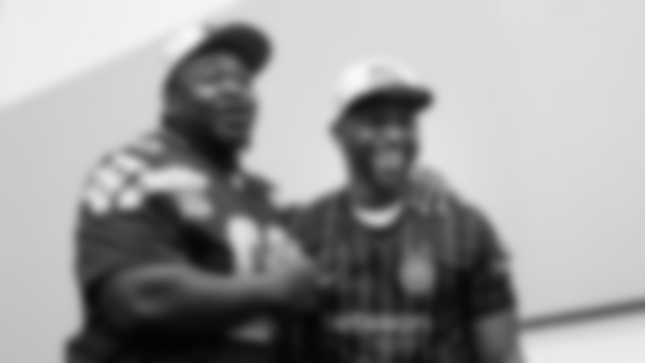 Seahawks defensive tackle Jarran Reed (90) and Seahawks Legend Cliff Avril at day three of press conference media availability on February 5, 2026.