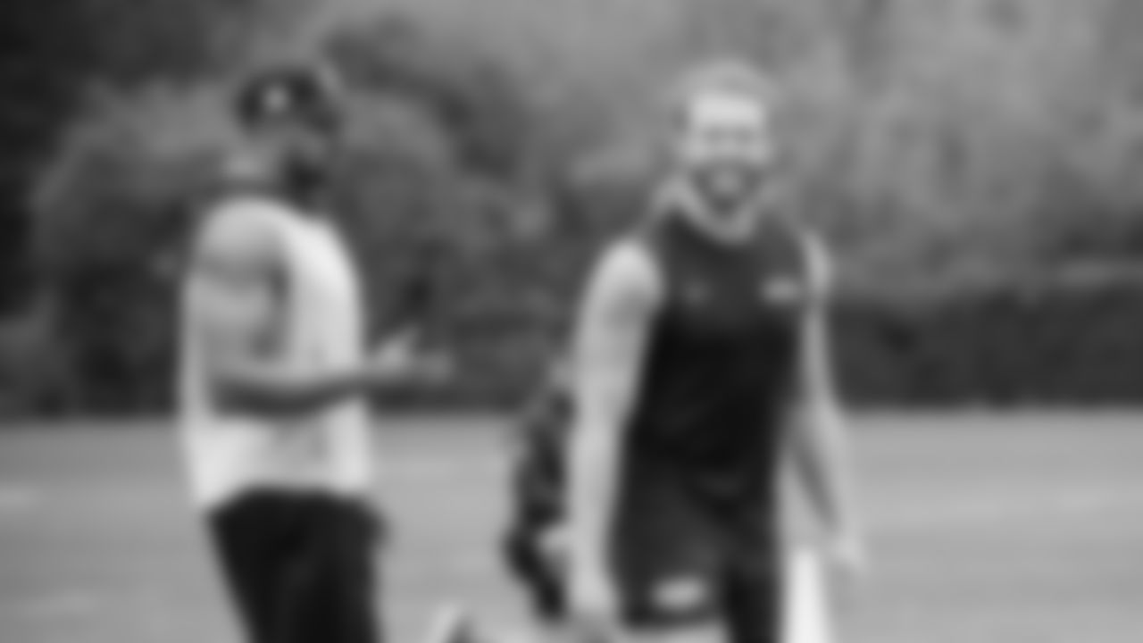 Seahawks fullback Brady Russell (38) and tight end Noah Fant (87) participated in a workout on May 21, 2025 at the Virginia Mason Athletic Center.