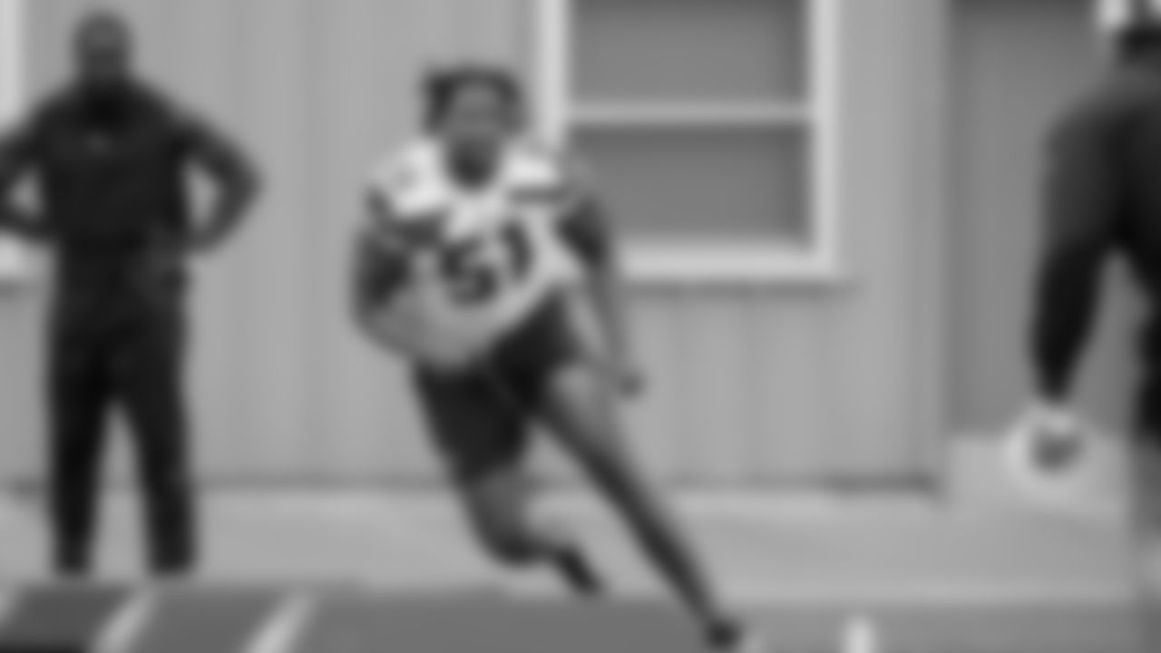 Seahawks linebacker Jared Ivey (51) participated in a workout on May 13, 2025 at the Virginia Mason Athletic Center.
