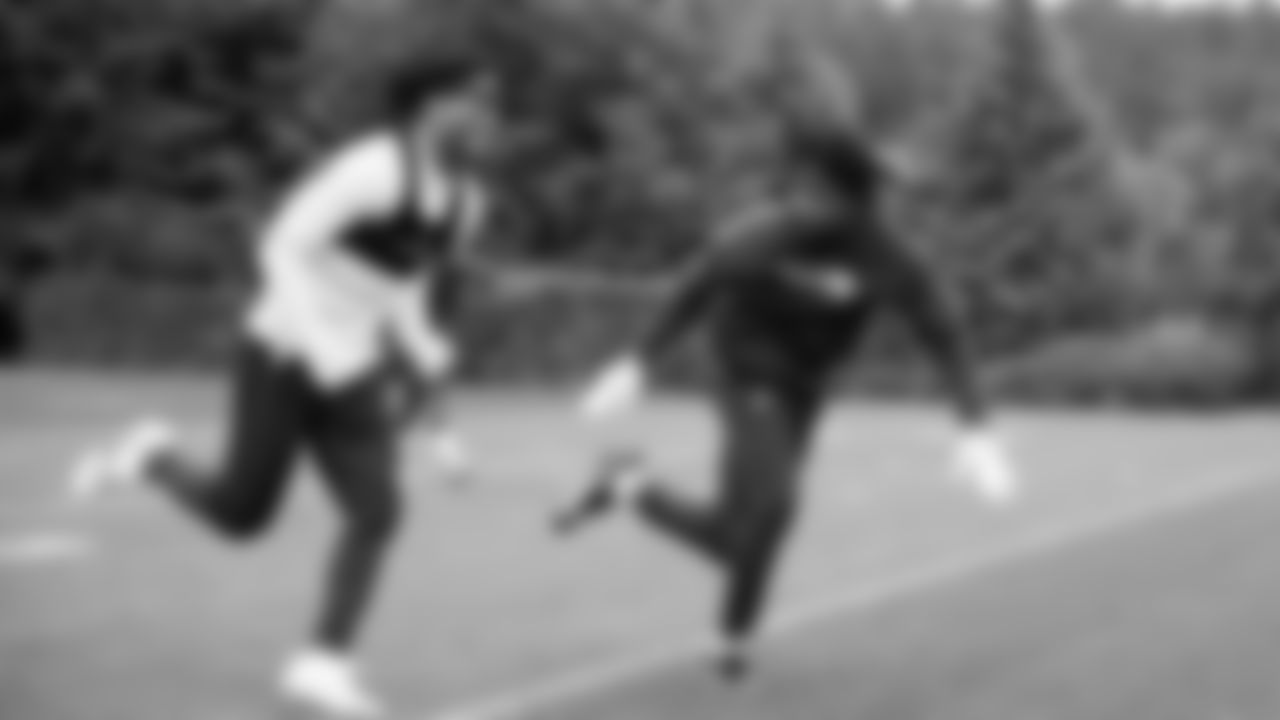 Seahawks cornerback Nehemiah Pritchett (28) and cornerback Damarion Williams (37) participated in a workout on May 21, 2025 at the Virginia Mason Athletic Center.