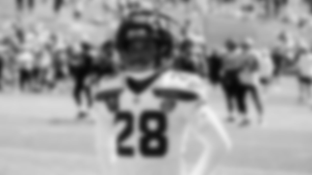 Seahawks cornerback Nehemiah Pritchett (28) practiced on August 12, 2025 at the Virginia Mason Athletic Center.