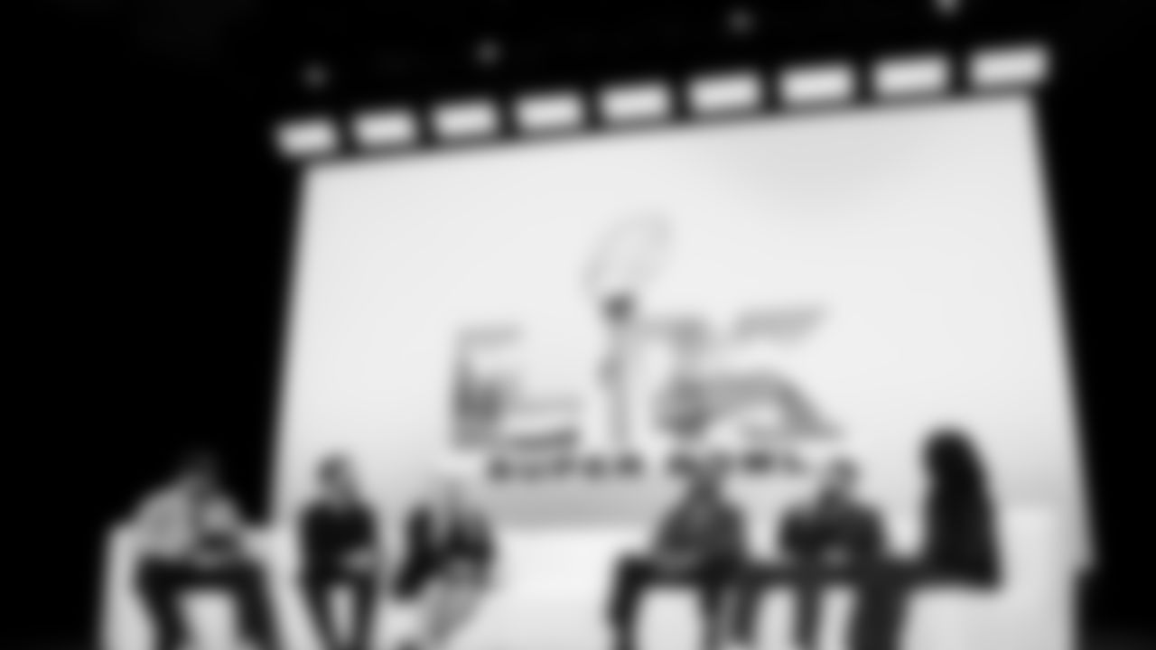 Apple Music's Ebro Darden interviews ASL interpreters Fred Beam, Julian Ortiz, Celimar Cosme at the Apple Music Halftime Show press conference ahead of the Super Bowl 60 football game on Thursday, February 5, 2026 in San Francisco. (Kathryn Riley/NFL)