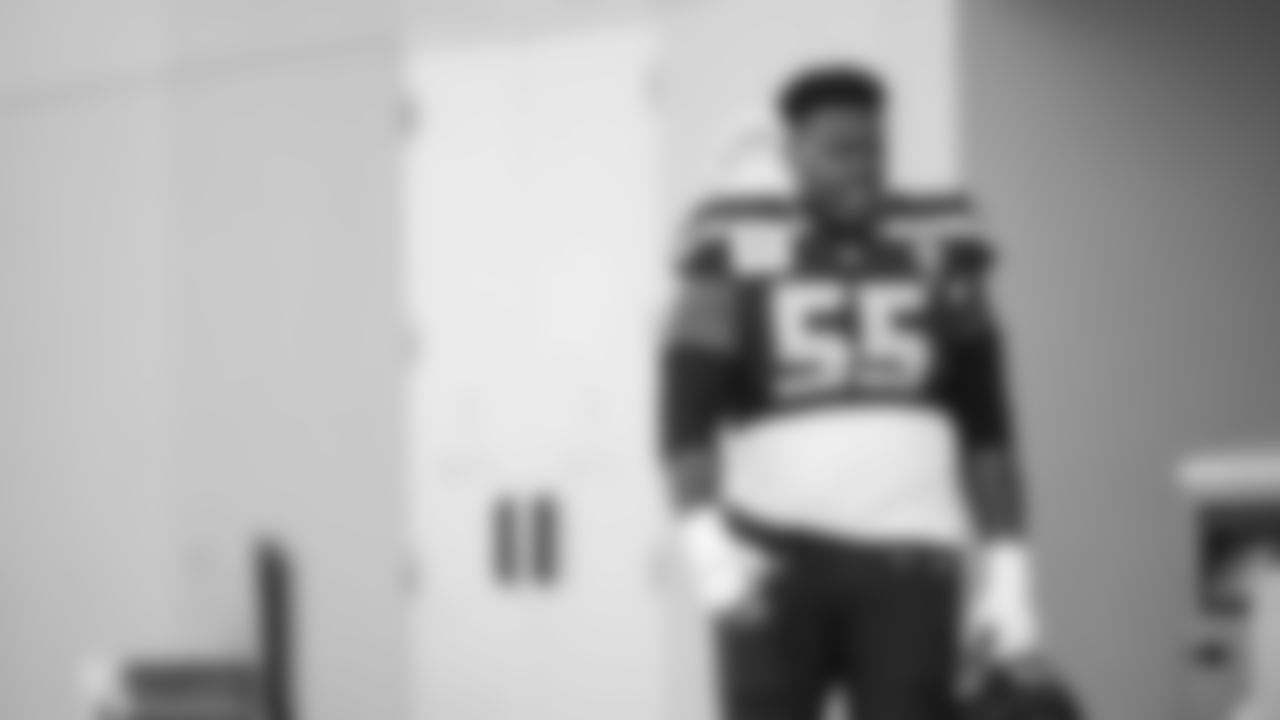 Seahawks center Olu Oluwatimi (55) practiced on Wednesday, February 4, 2026 in San Jose, California.