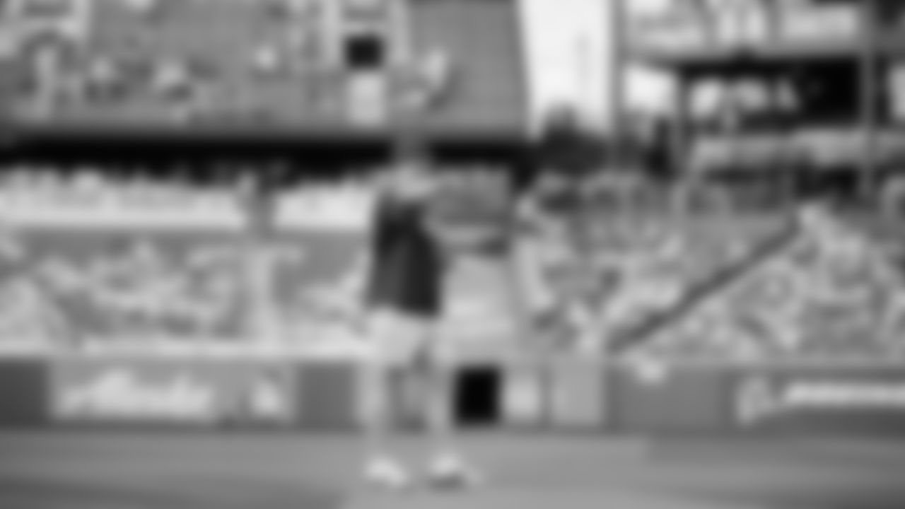 Seahawks guard Grey Zabel (76) threw the ceremonial first pitch for the Mariners vs. Twins game on Friday, May 30, 2025 at T-Mobile Park.