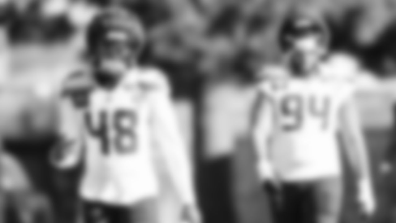 Seahawks linebacker Tyrice Knight (48) and defensive end Mike Morris (94) practiced on Wednesday, February 4, 2026 in San Jose, California.