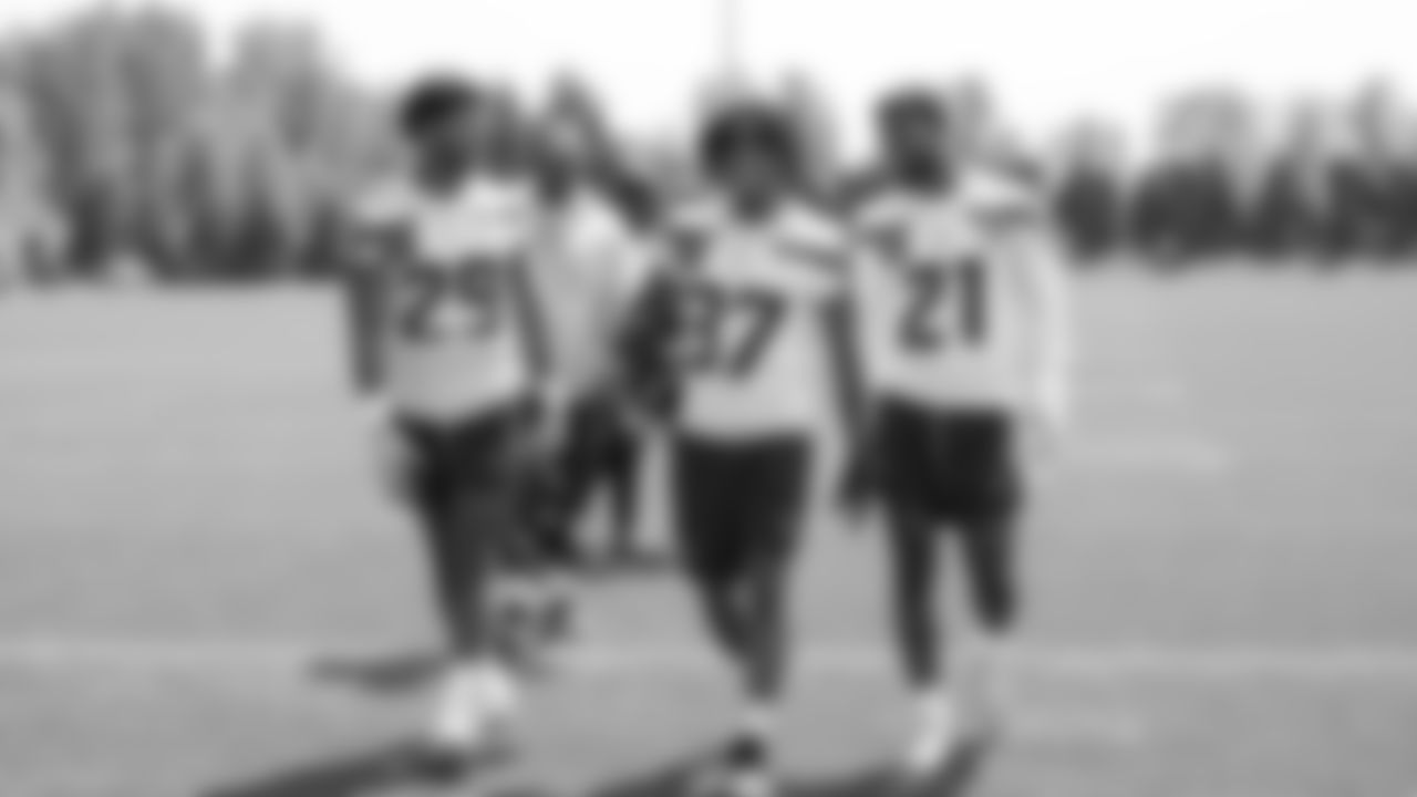 Seahawks cornerback Josh Jobe (29), cornerback Damarion Williams (37) and cornerback Devon Witherspoon (21) participated in a workout on day two of minicamp on Wednesday, June 11, 2025 at the Virginia Mason Athletic Center.