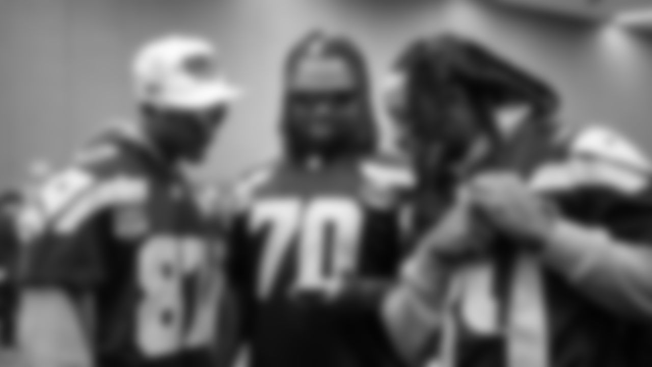 Seahawks wide receiver Monrtorie Foster Jr. (87), nose tackle J.R. Singleton (70) and wide receiver Courtney Jackson (84), at day two of press conference Media Availability on February 4, 2026.