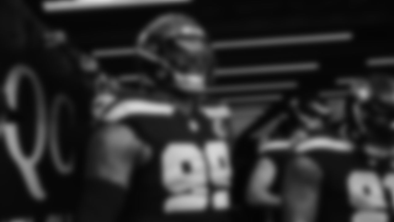 Seahawks defensive end Leonard Williams (99) warms up at Lumen Field for the NFC Championship game vs. the Los Angeles Rams on Sunday, January 25, 2026.