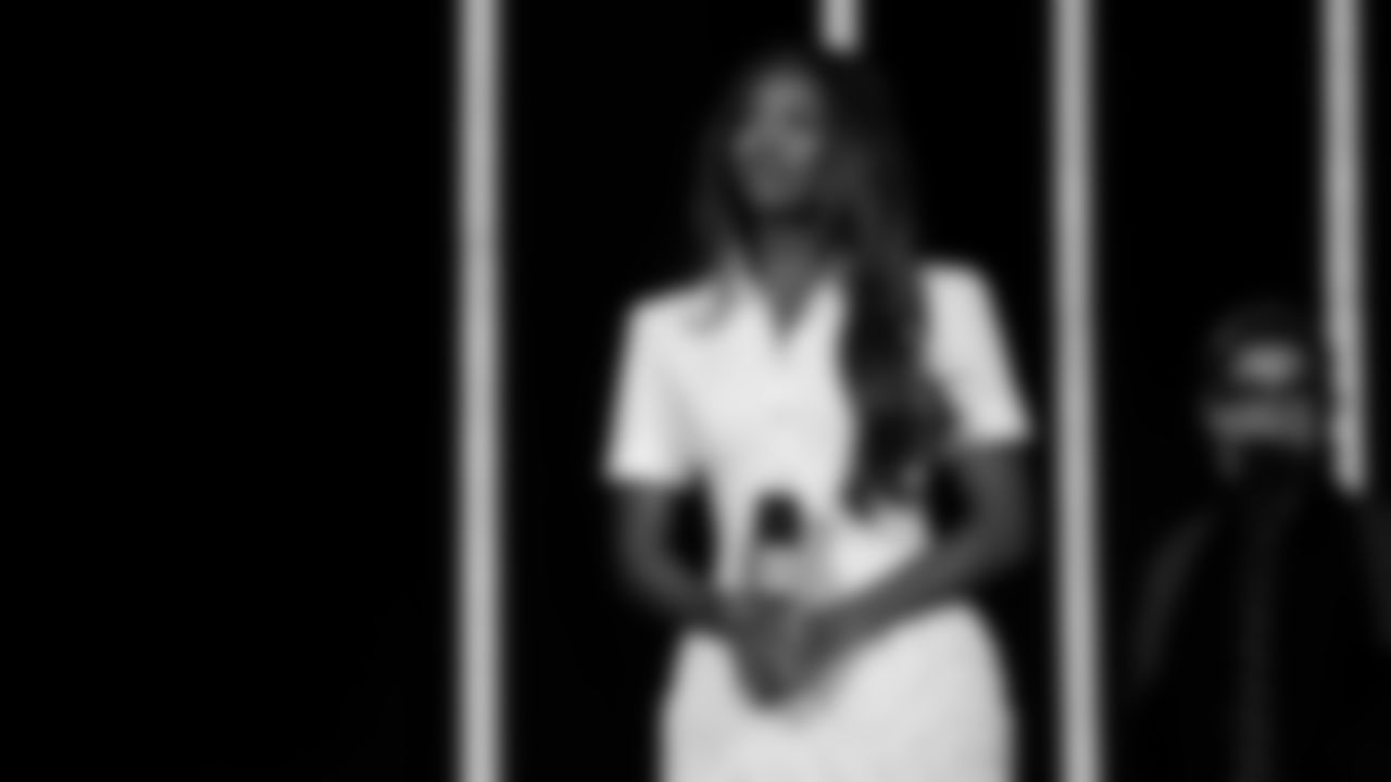 Pre-game performer Coco Jones walks onto stage at the Apple Music Halftime Show press conference ahead of the Super Bowl 60 football game on Thursday, February 5, 2026 in San Francisco. (Kathryn Riley/NFL)