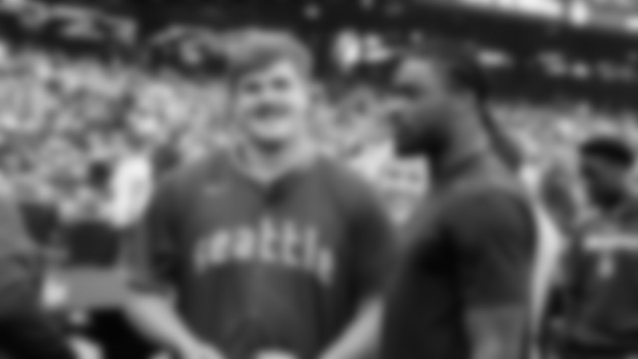 Seahawks guard Grey Zabel (76) threw the ceremonial first pitch for the Mariners vs. Twins game on Friday, May 30, 2025 at T-Mobile Park.
