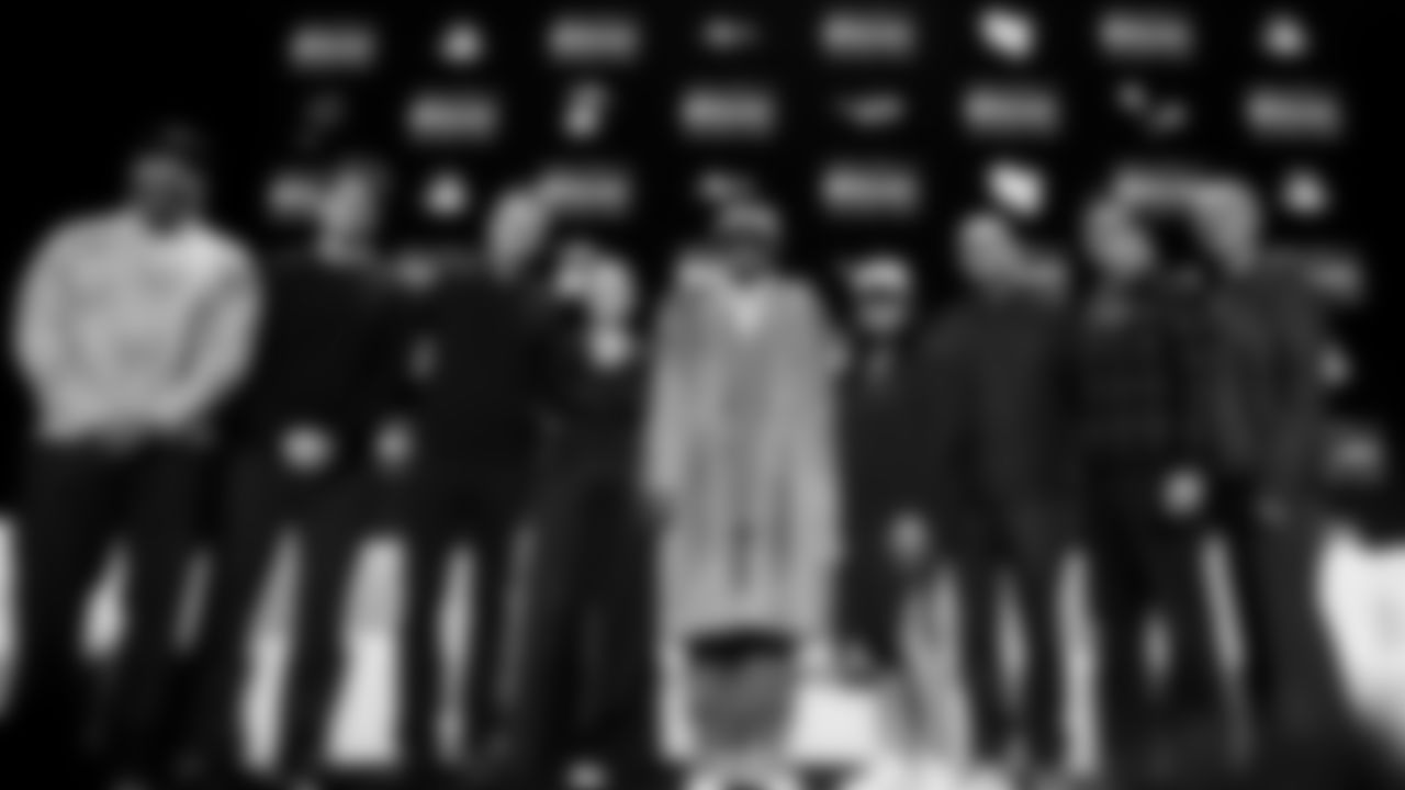 Halftime performer Bad Bunny poses with Apple Music's Ebro Darden and Zane Lowe, along with Roc Nation members, at the Apple Music Halftime Show press conference ahead of the Super Bowl 60 football game on Thursday, February 5, 2026 in San Francisco. (Kathryn Riley/NFL)