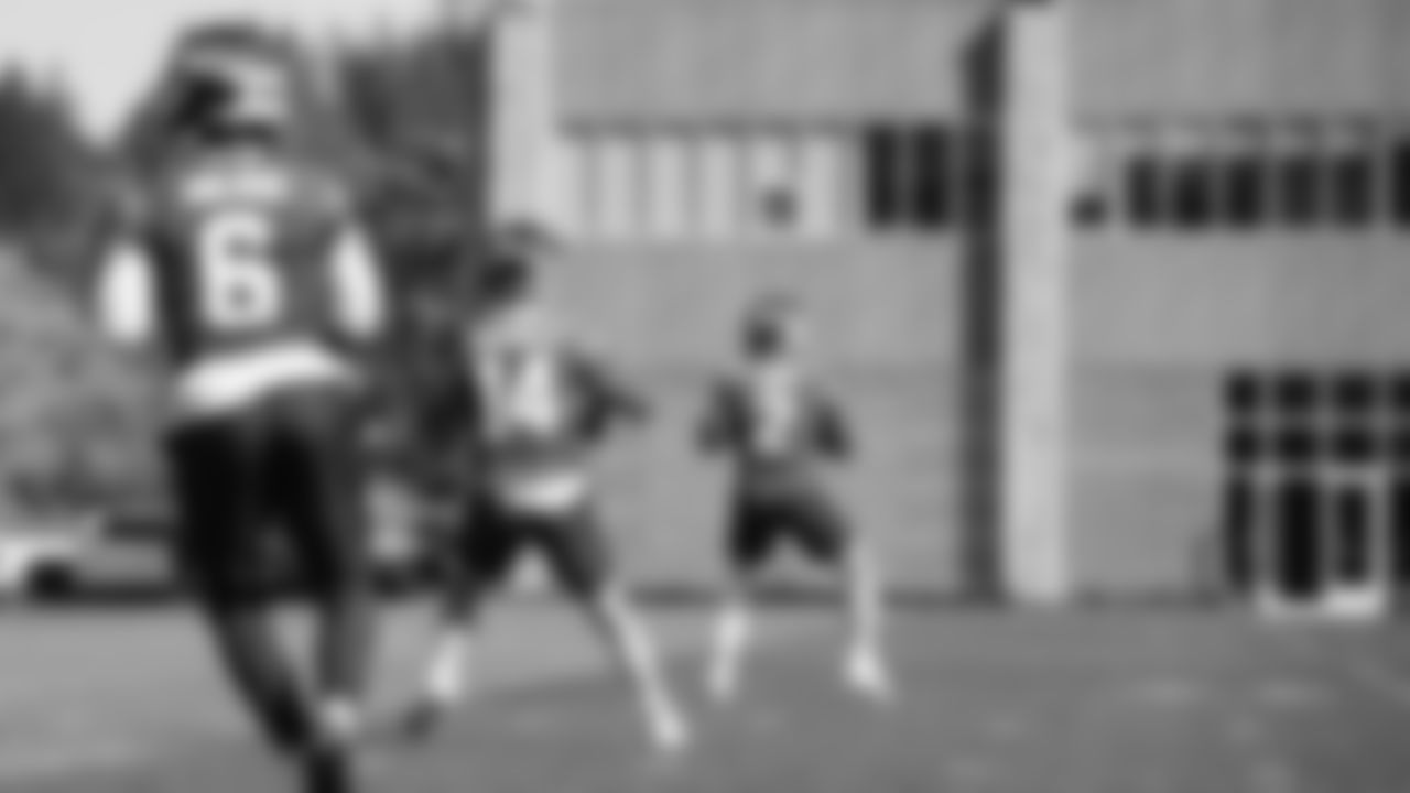 Seahawks quarterback Jalen Milroe (6), quarterback Sam Darnold (14) and quarterback Drew Lock (2) practiced on Friday, September 19, 2025 at the Virginia Mason Athletic Center.