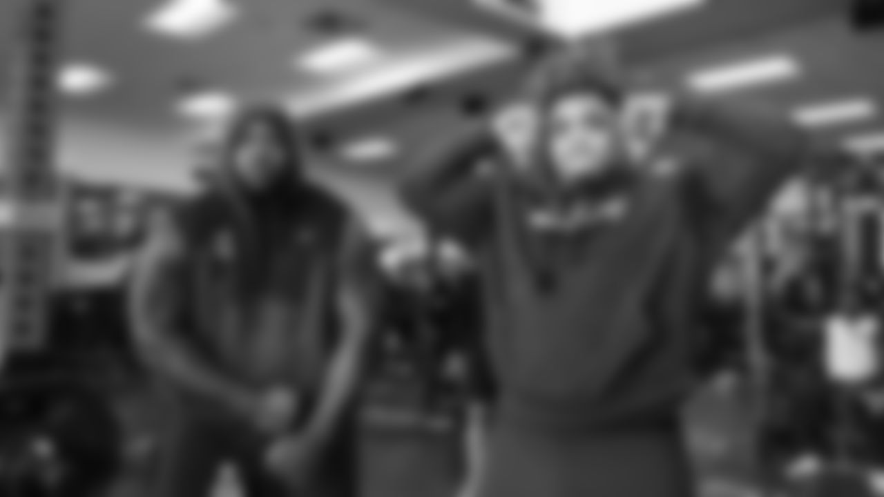 Seahawks nose tackle Jarran Reed (90) and defensive tackle Byron Murphy II (91) participated in the first workout of the offseason on April 22, 2025 at the Virginia Mason Athletic Center.