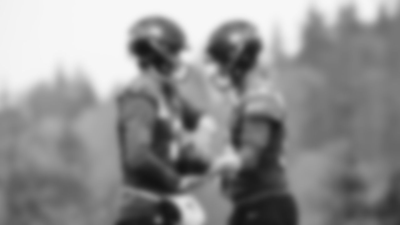 Seahawks quarterback Drew Lock (2) and quarterback Sam Darnold (14) practiced on Wednesday, November 12, 2025 at the Virginia Mason Athletic Center.