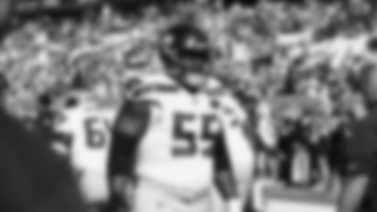 Seahawks center Olu Oluwatimi (55) hit the field at Nissan Stadium for the Week 12 matchup vs. the Titans in Nashville, Tennessee.