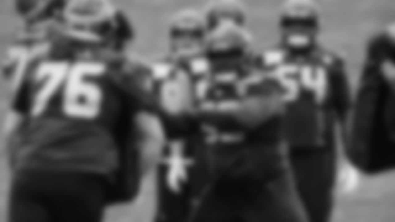 Seahawks center Olu Oluwatimi (55) practiced on Thursday, January 29, 2026 at the Virginia Mason Athletic Center.