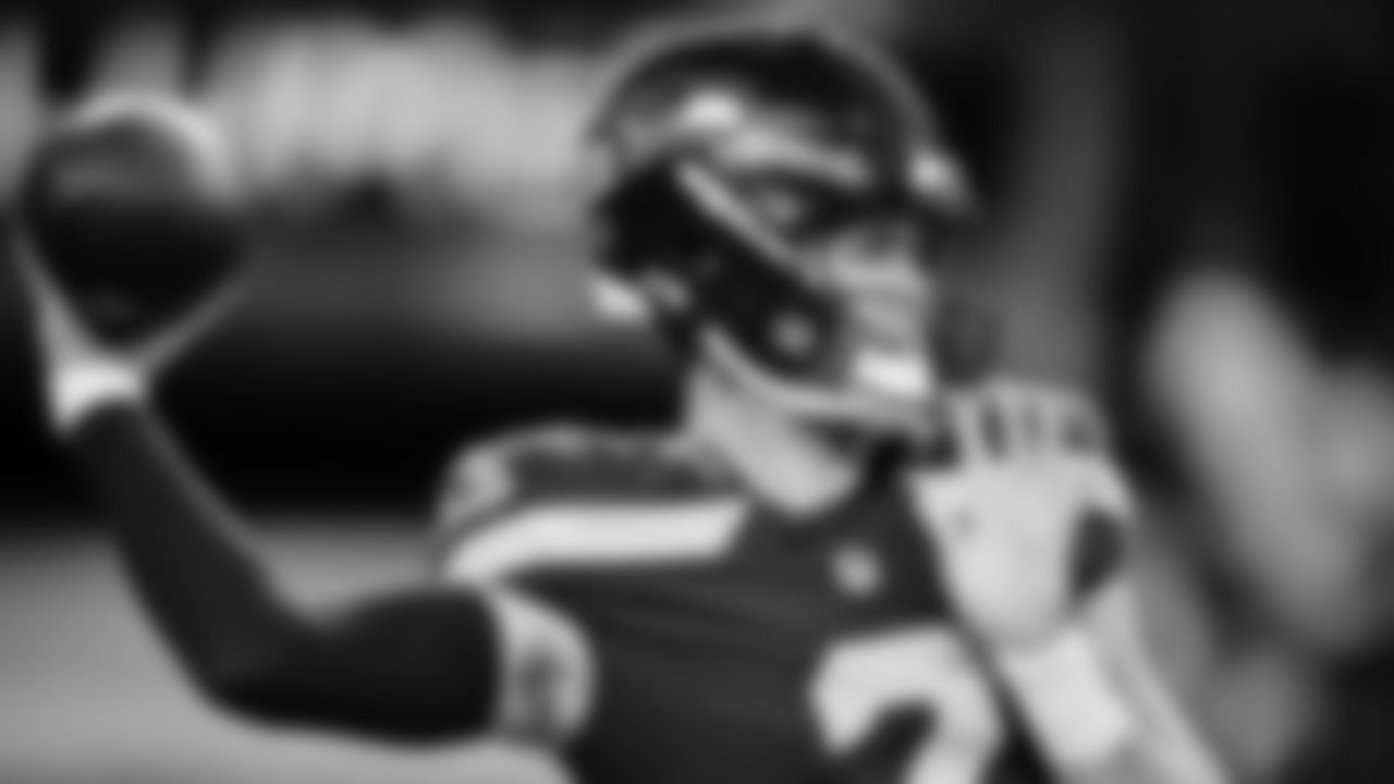 Seahawks quarterback Drew Lock (2) during pregame warmups at Lumen Field for the Week 7 matchup vs. Houston Texans on Monday Night Football.
