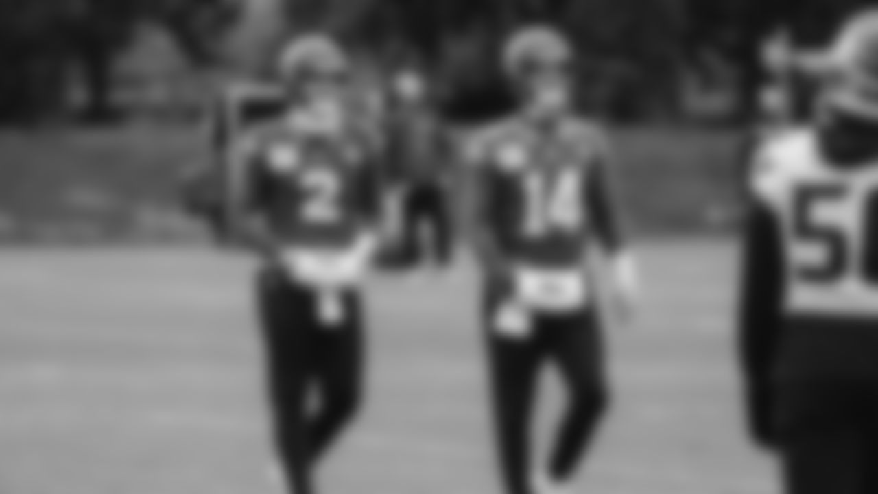 Seahawks quarterback Drew Lock (2) and quarterback Sam Darnold (14) practiced on Thursday, January 8, 2026 at the Virginia Mason Athletic Center.