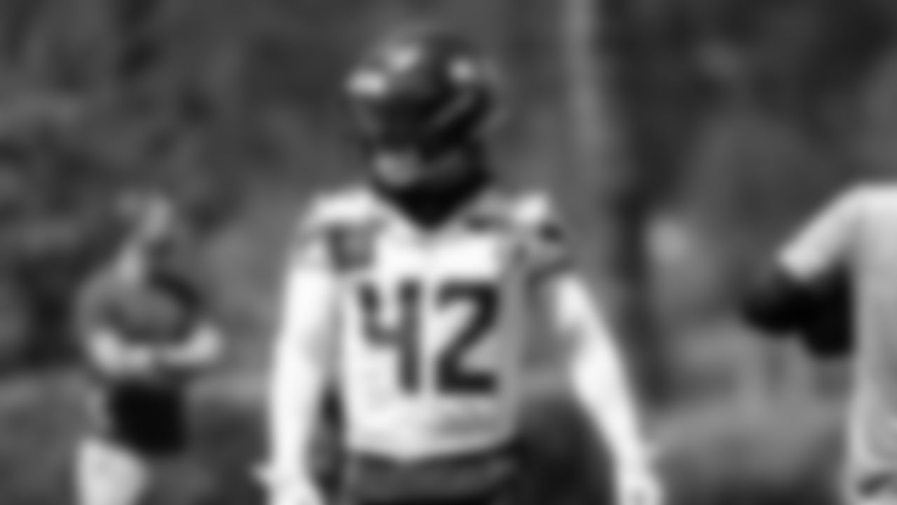 Seahawks linebacker Drake Thomas (42) participated in a workout on day one of OTAs on Tuesday, May 27, 2025 at the Virginia Mason Athletic Center.