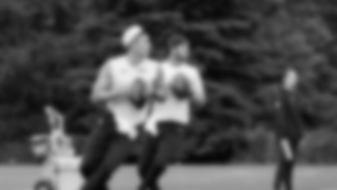 Seahawks quarterback Drew Lock (2) and quarterback Sam Darnold (14) participated in a workout on May 20, 2025 at the Virginia Mason Athletic Center.