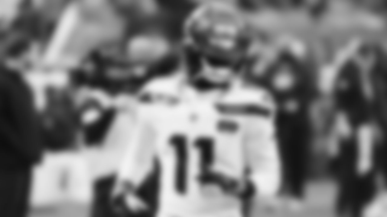 Seahawks wide receiver Jaxon Smith-Njigba (11) warms up at Bank of America Stadium for the Week 17 matchup vs. Panthers on December 28, 2025.