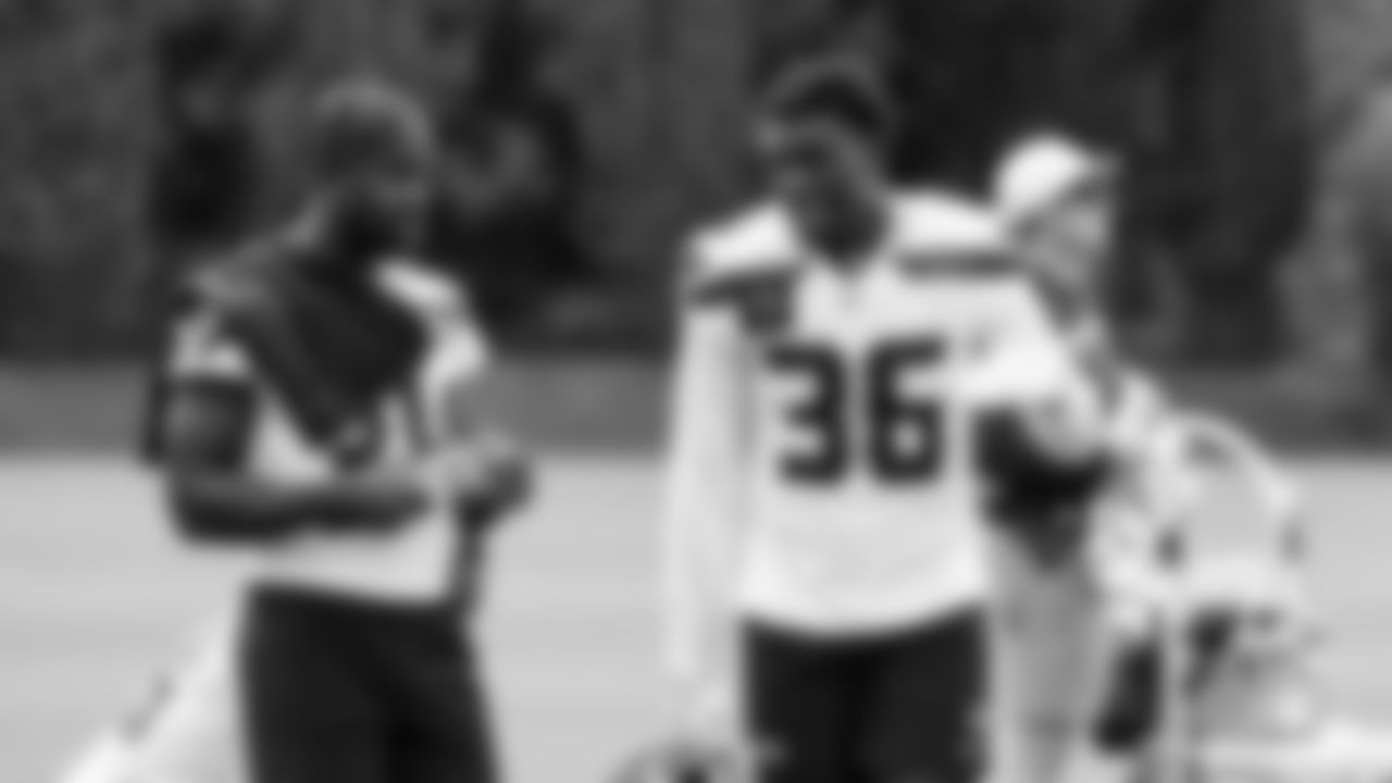 Seahawks cornerback Shemar Jean-Charles (34) and cornerback Isas Waxter (36) practiced on day three of training camp on July 25, 2025 at the Virginia Mason Athletic Center.