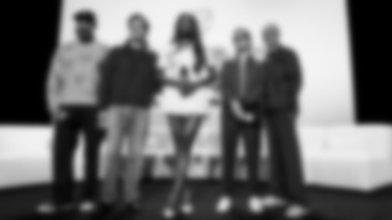 Apple Music's Ebro Darden and Zane Lowe pose with pre-game performers Charlie Puth, Coco Jones, and Brandi Carlile at the Apple Music Halftime Show press conference ahead of the Super Bowl 60 football game on Thursday, February 5, 2026 in San Francisco. (Kathryn Riley/NFL)