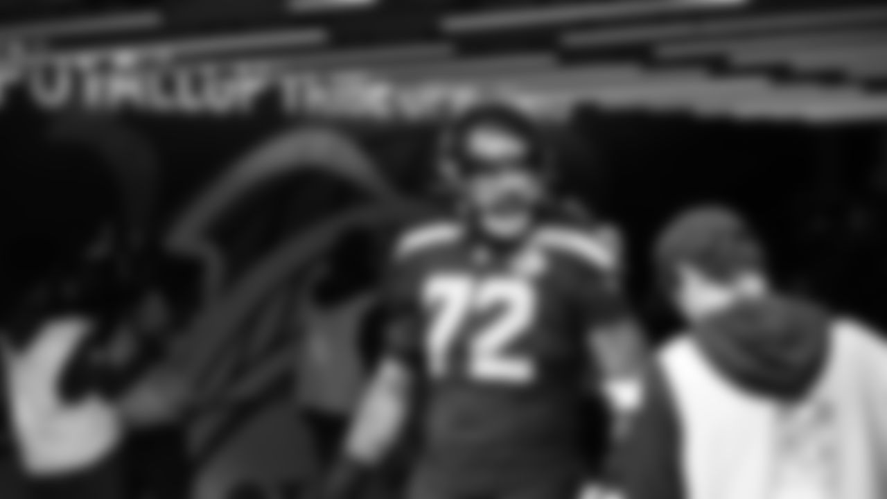 Seahawks tackle Abraham Lucas (72) warms up at Lumen Field for the NFC Championship game vs. the Los Angeles Rams on Sunday, January 25, 2026.