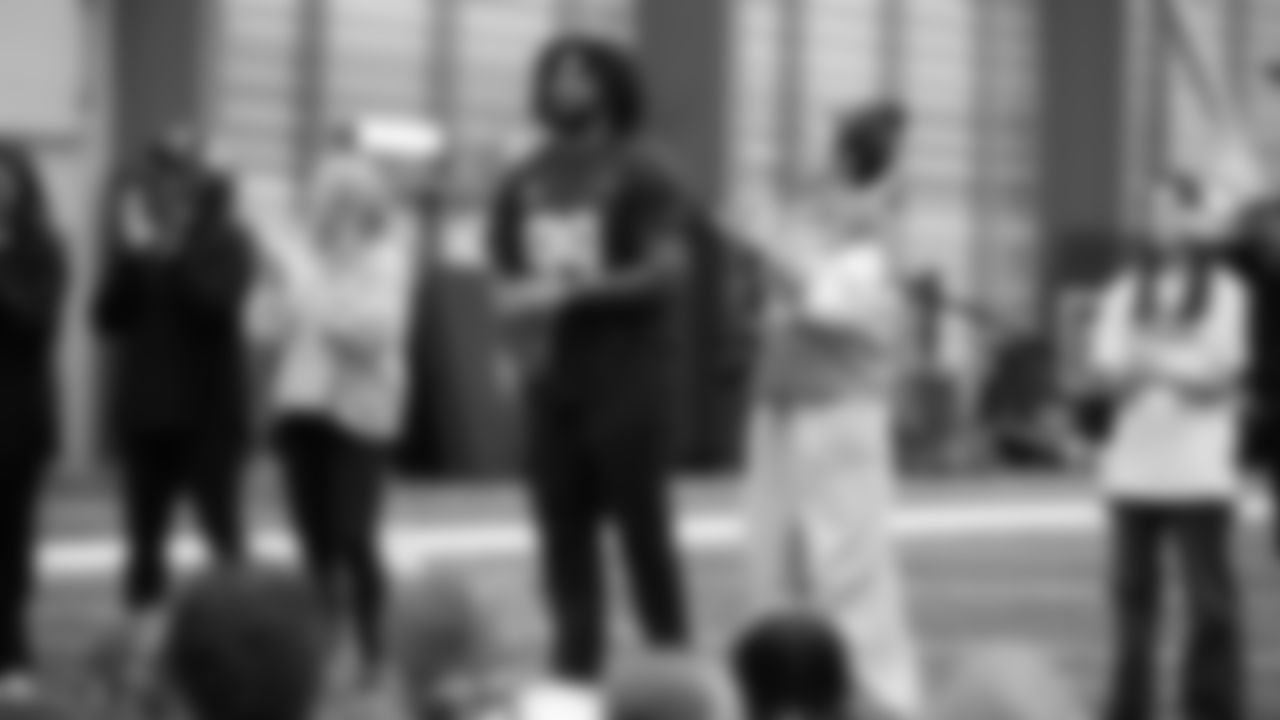 The Seahawks Women's Association packed girls flag kits and hosted a free girls flag football camp at the Seahawks training facility on Saturday, November 8, 2025.