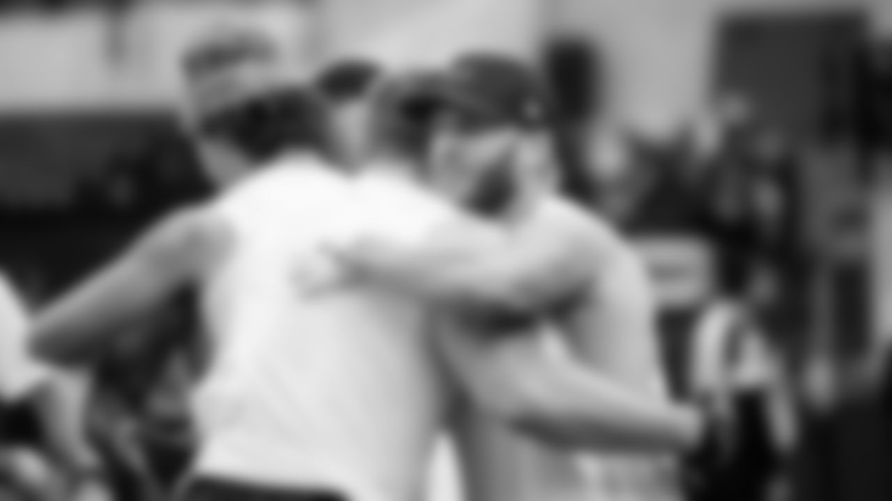 Seahawks receiver Cooper Kupp hugs teammates after their early pregame warmup. Kupp returned to Sofi Stadium for the first time since signing with Seattle in the offseason.