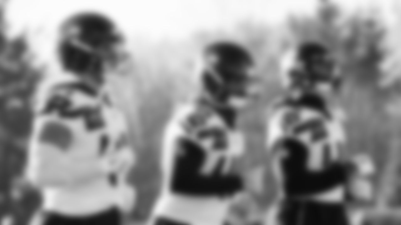 Seahawks linebacker Chazz Surratt (44), linebacker Chris Paul Jr. (49) and linebacker Ja'Markis Weston (46) practiced on Wednesday, January 21, 2026 at the Virginia Mason Athletic Center.