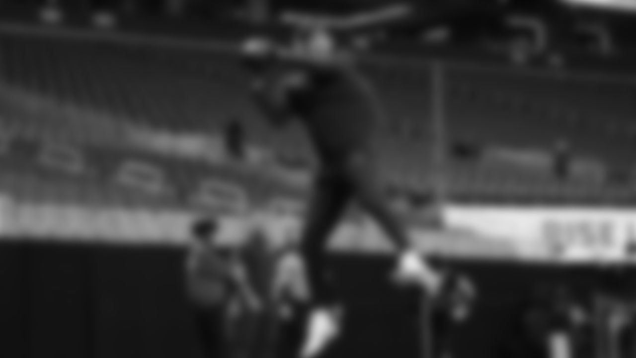 Seahawks wide receiver Cody White (82) warms up at Mercedes-Benz Stadium for the Week 14 matchup vs. the Atlanta Falcons.