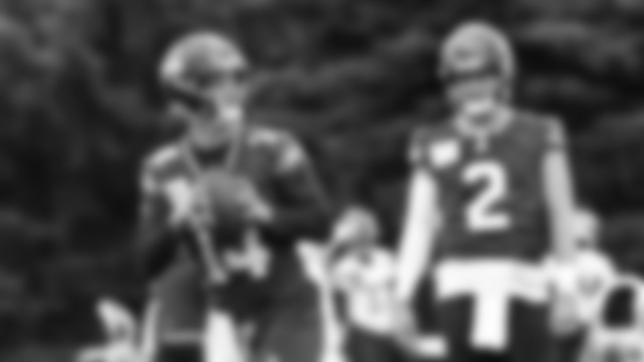 Seahawks quarterback Sam Darnold (14) and quarterback Drew Lock (2) participated in a workout on day two of OTAs on Thursday, May 29, 2025 at the Virginia Mason Athletic Center.