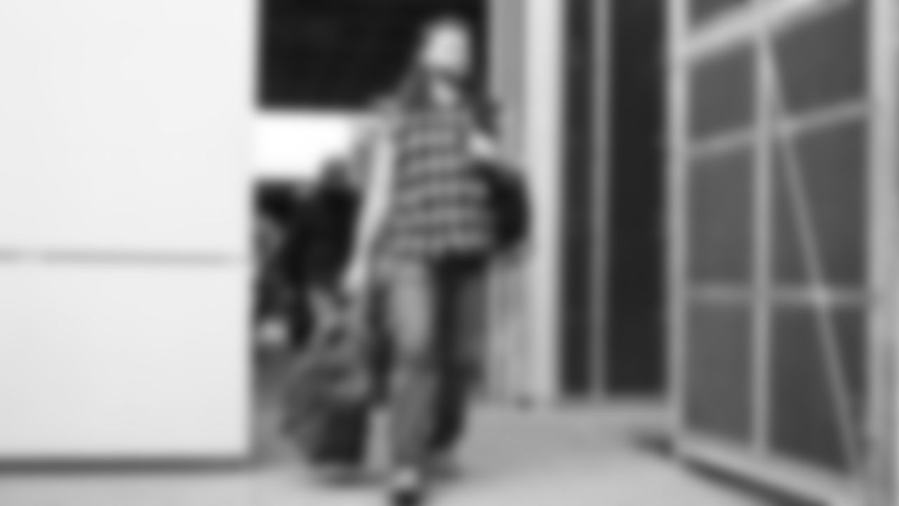 Seahawks fullback Brady Russell (38) departed the team hotel for the Week 18 matchup vs. the 49ers at Levi's Stadium.