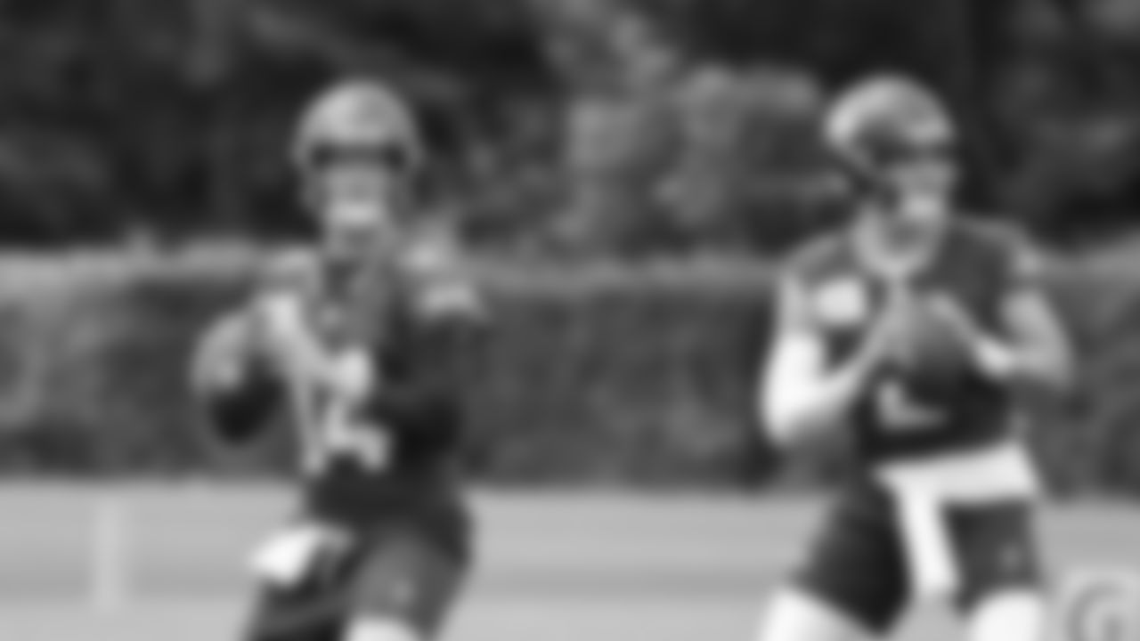 Seahawks quarterback Sam Darnold (14) and quarterback Drew Lock (2) participated in a workout on day five of OTAs on Wednesday, June 4, 2025 at the Virginia Mason Athletic Center.